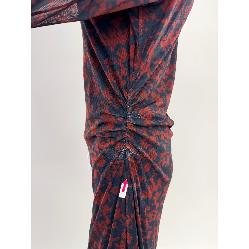 Madewell Mesh Floral Print Ruched Midi Dress Long Sleeve Collared Navy Red Sz L - Picture 7 of 10
